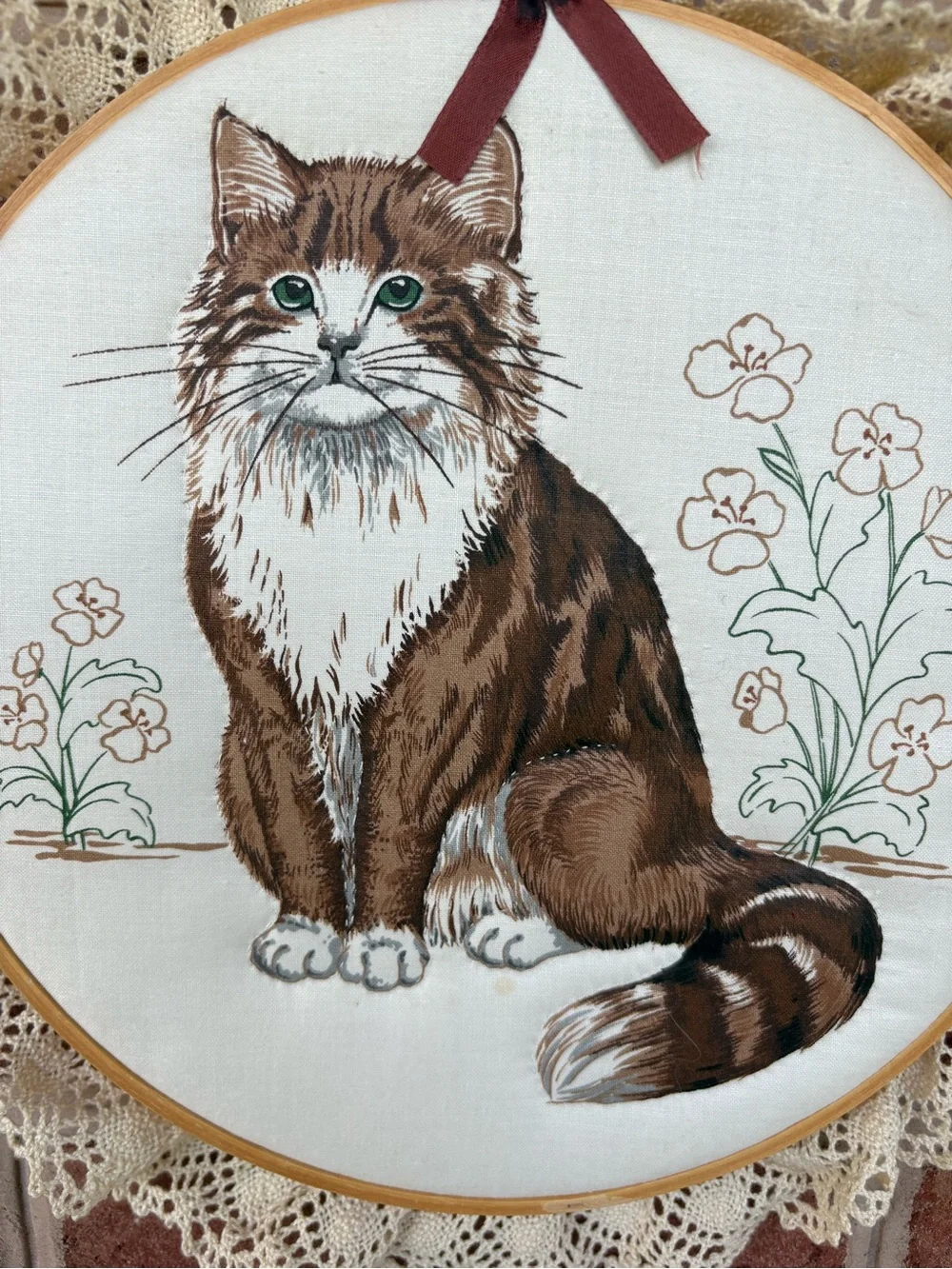 Hand-Embroidered quilted Brown Cat Hoop Wall Art with Lace Trim